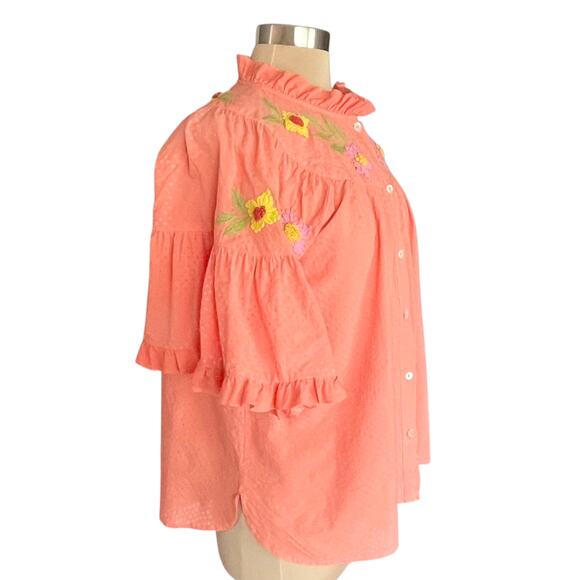 Ivy Jane Button Down Boho Top MED Floral Embroidered Ruffled Bell Sleeve Cottage - Picture 3 of 10